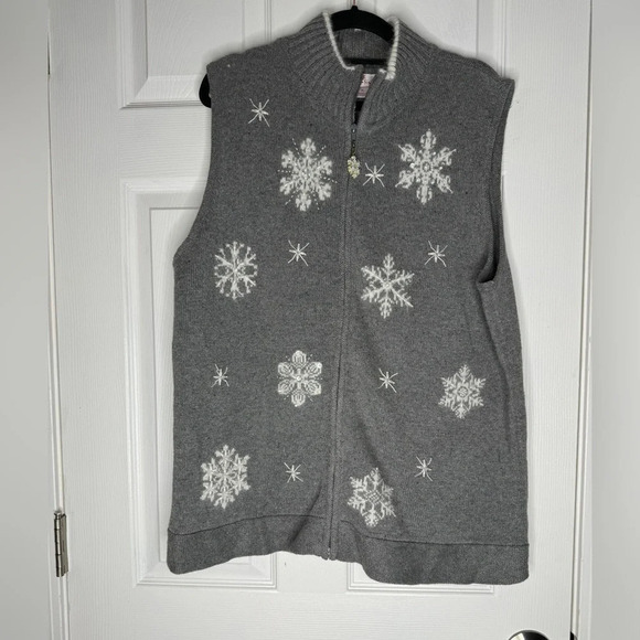 QUACKER FACTORY Gray Snowflake Zip-Up Sweater Vest Size XL Ramie/Cotton Blend - Picture 1 of 5